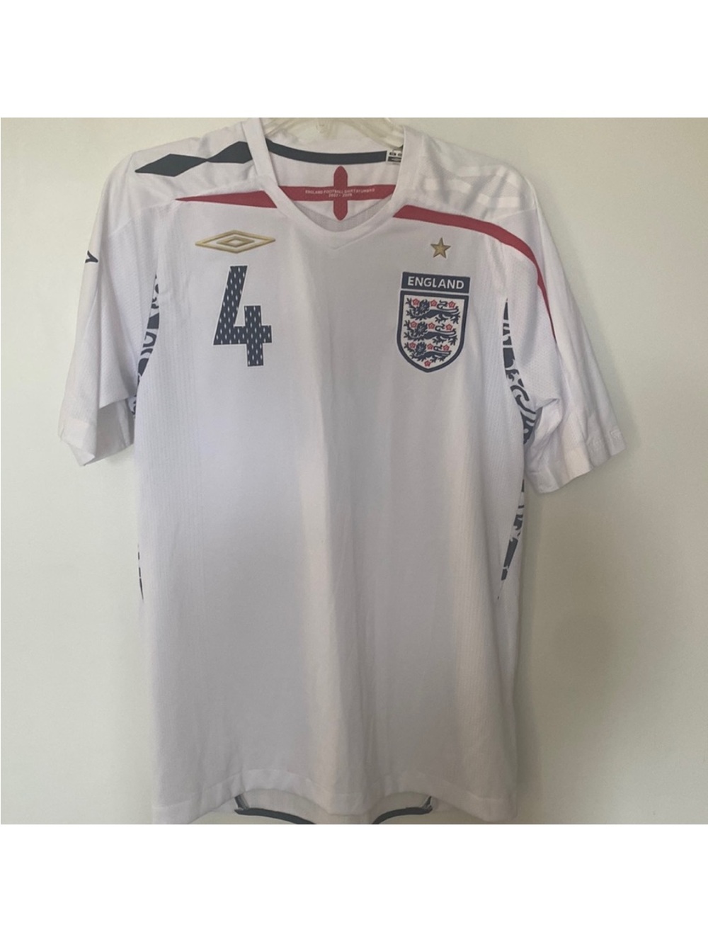 Umbro White England #4 Soccer Jersey with Navy and Red Accents